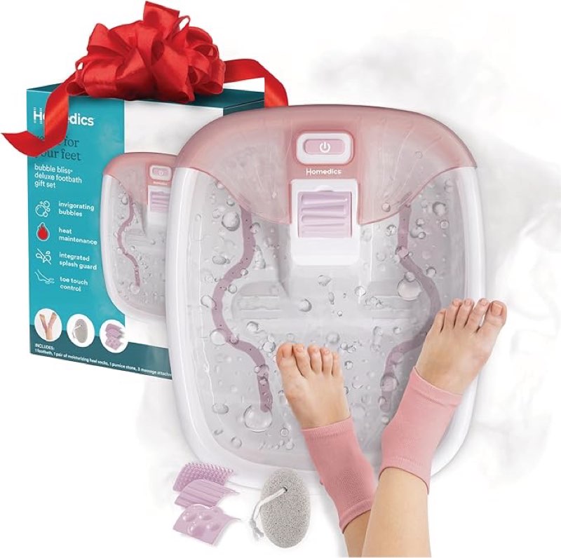 Homedics Bubble Bliss® Deluxe Footbath Gift Set – Heated Foot Spa with Invigorating Bubbles, 3 Massage Attachments, Pumice Stone, Moisturizing Heel Socks & Splash Guard for Ultimate Relaxation