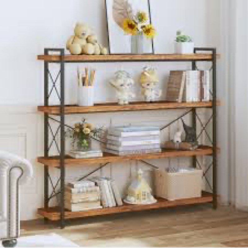 HCHQHS Large Bookshelf, 4-Tier Long Industrial Bookcase, Rustic Brown Book Shelf, Freestanding Horiz