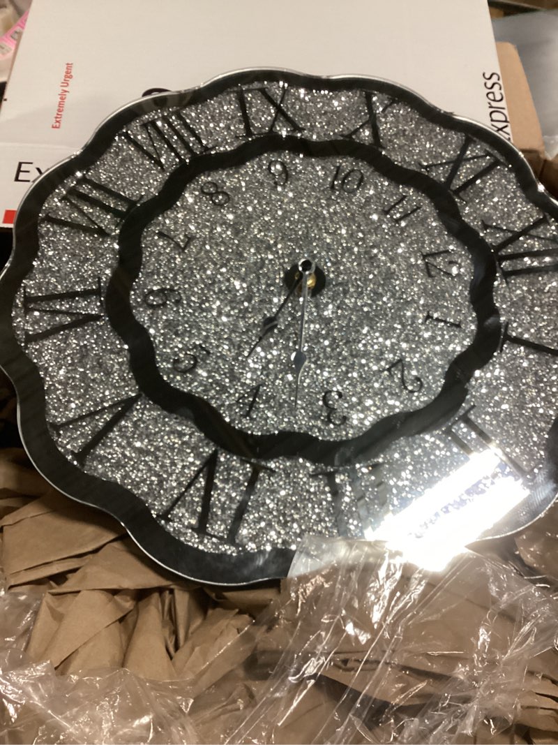 Condition photo showing As Is for Modern Wall Clock for Living Room Decor Silver Crystal Crush Diamond Mirrored Clocks Irregular Mirror Clock Unique Wall Decorative for Bedroom Kitchen Dining Room Cloud