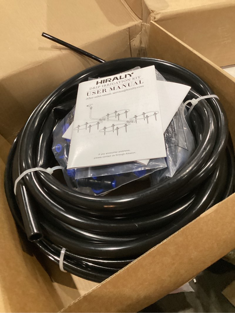 Condition photo showing As Is for hiraliy 100ft automatic drip irrigation kits with garden timer, garden watering system for patio lawn, quick connector design irrigation system kit with easy programmable water timer