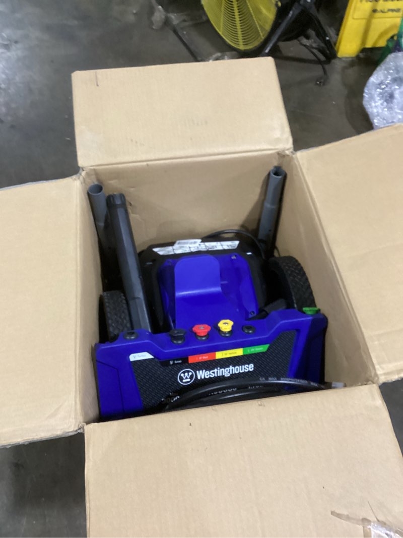 Condition photo showing As Is for westinghouse wpx3000e electric pressure washer, 3000 max psi and 1.76 max gpm, induction motor, onboard soap tank, spray gun and wand, 5 nozzle set, for cars/fences/driveways/homes/patios/furniture