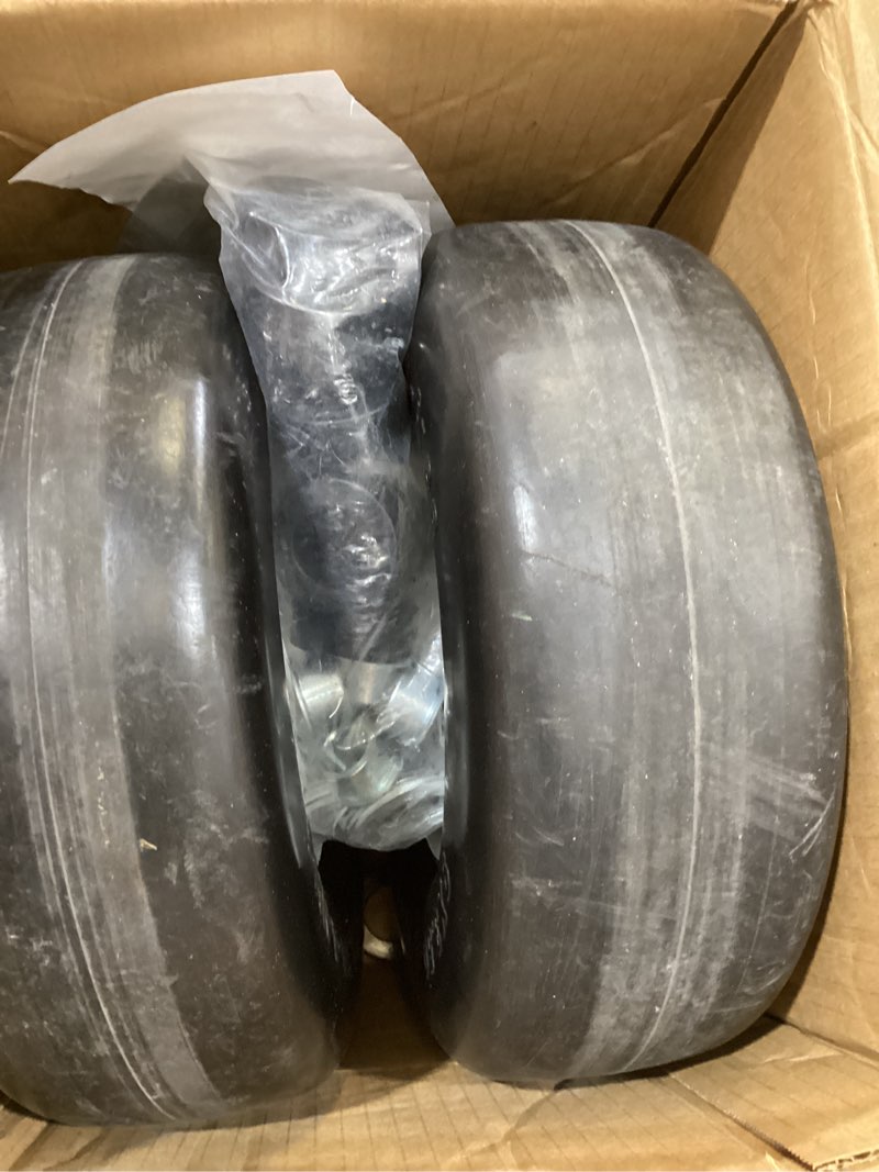 Condition photo showing As Is for gicool 9x3.50-4 zero turn mower flat free tire and wheel assembly (2-pack), smooth tread front tires for ztr mowers, adjustable centered hub length 3.5"-4"-4.5"-5", 3/4" & 5/8" bearing bore 9x3.50-4 flat free (smooth tread)