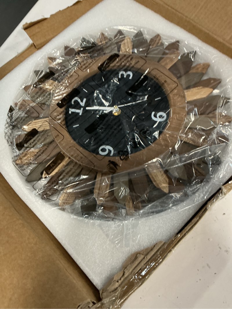 Condition photo showing Good Condition for honiway 14 inch wall clock, rustic wood boho sunburst decorative wall clocks battery operated silent non ticking farmhouse small wall clocks for living room kitchen bedroom home decor (tricolor) tricolor 14 inch