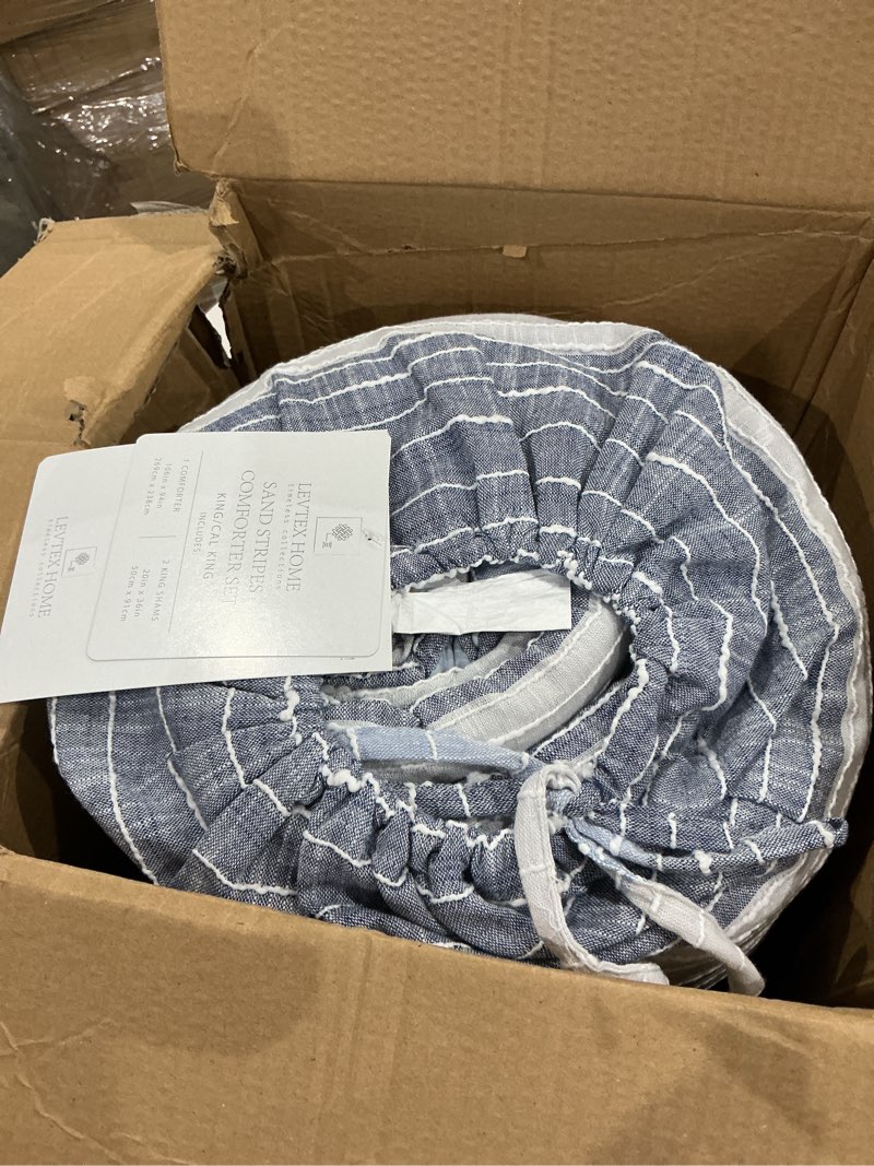 Condition photo showing Good Condition for levtex home sand stripes blue king/cal king comforter set (106x94in) with 2 pillowcases (36x20in) - woven jacquard stripe - navy, blue, grey, cream - cotton king size comforter set - soft pre-washed comforter - king/cal king blue