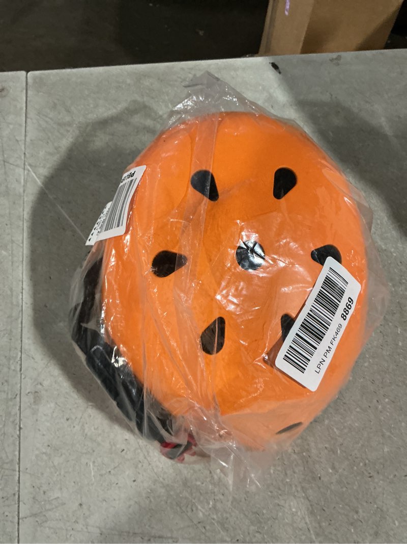 Condition photo showing Good Condition for kids bike helmet, adjustable and multi-sport, from toddler to youth, 3 sizes orange medium: 21.3" - 22.4"