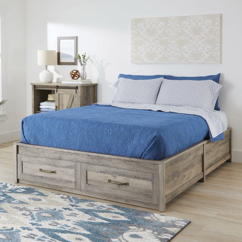 better homes & gardens modern farmhouse queen platform bed with storage, rustic gray finish