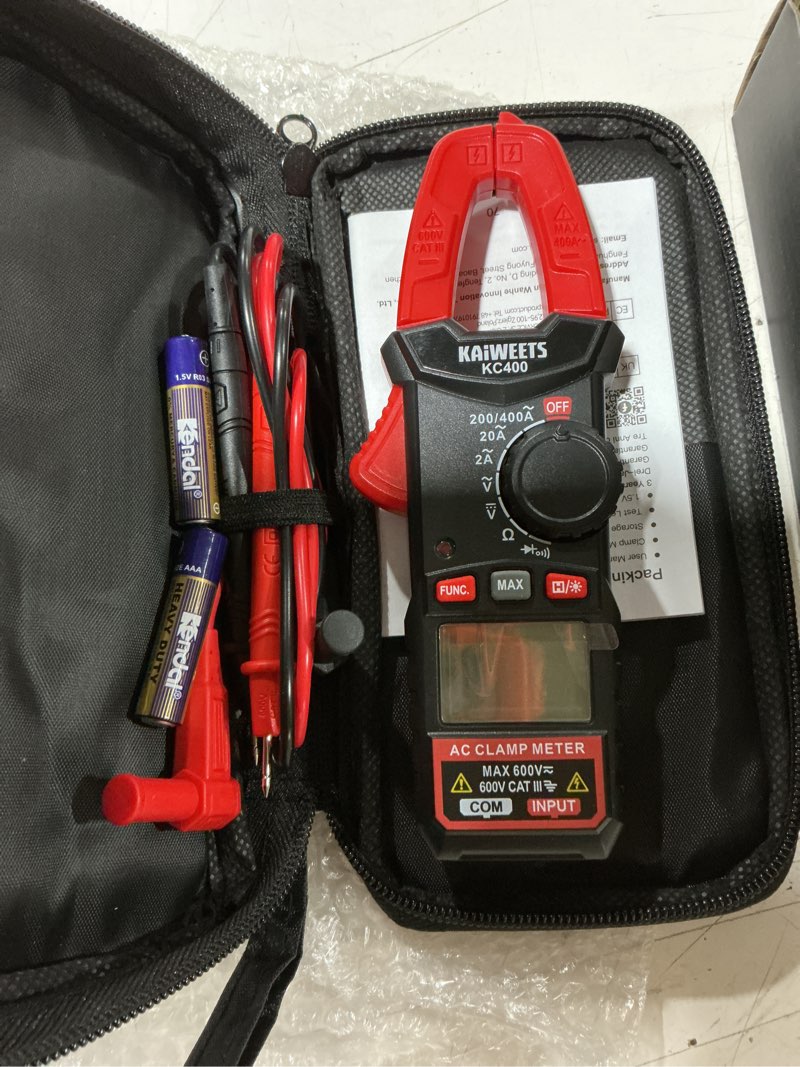 Condition photo showing New/Like New for kaiweets digital clamp meter, portable size, 2000 counts, measures high ac current 400a, 600v ac/dc voltage, resistance, continuity, diode, auto ranging multimter, voltage tester, kc400 black