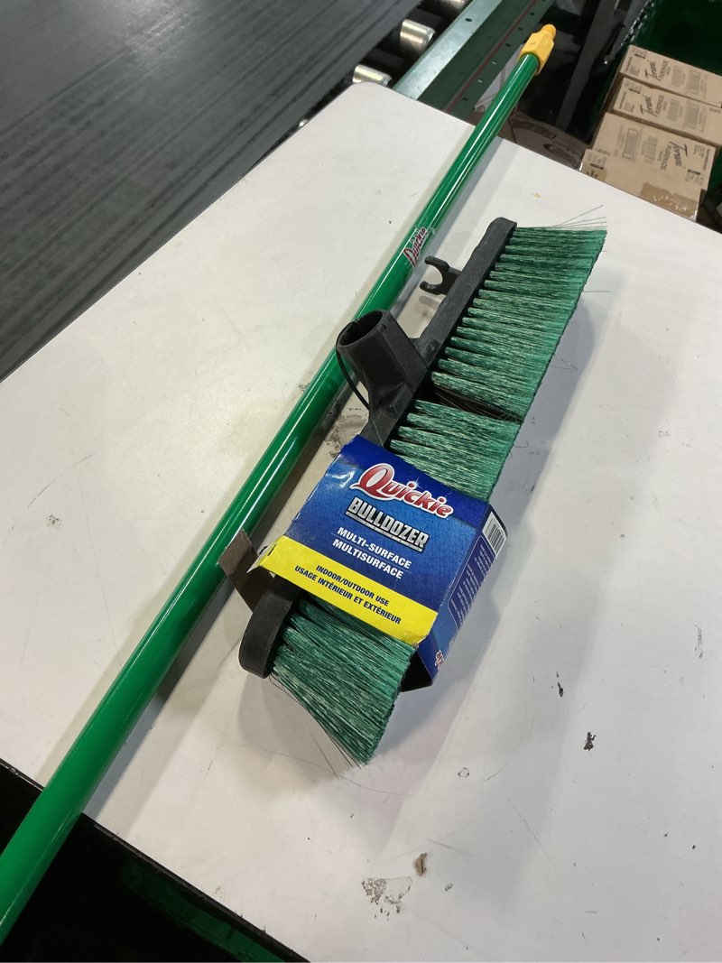 Condition photo showing As Is for quickie 18-in poly fiber multi-surface all-purpose push broom
