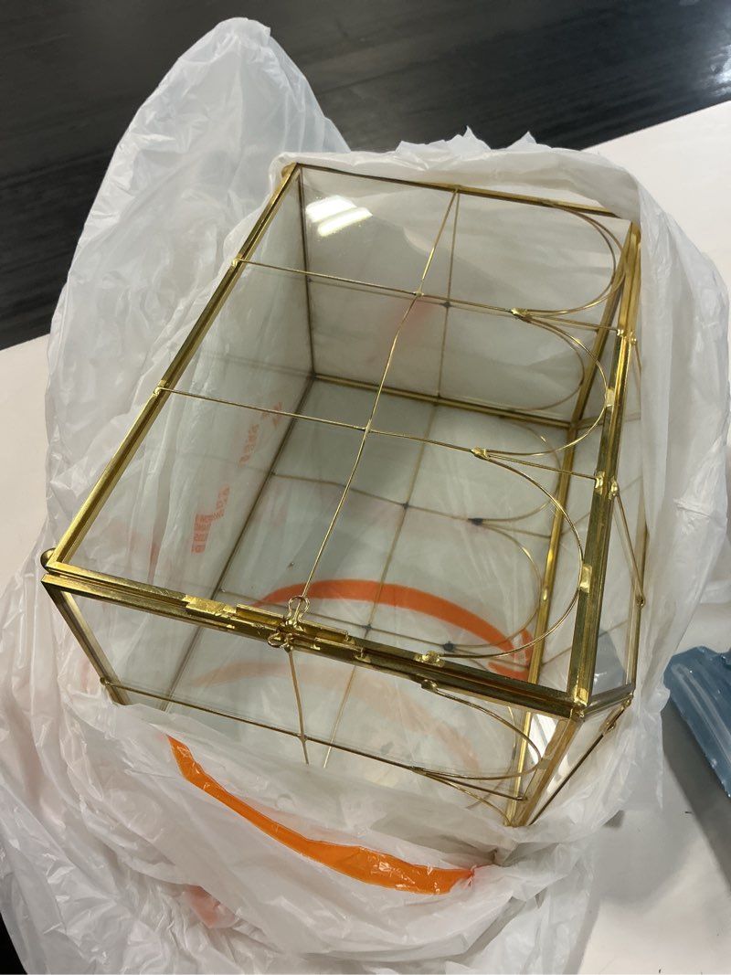 Condition photo showing As Is for glass card box with slot, 10.2 inch large gold clear card box for wedding receptions, decorative storage box with lock for baby shower, birthday party, bridal shower 10.2'' with arch