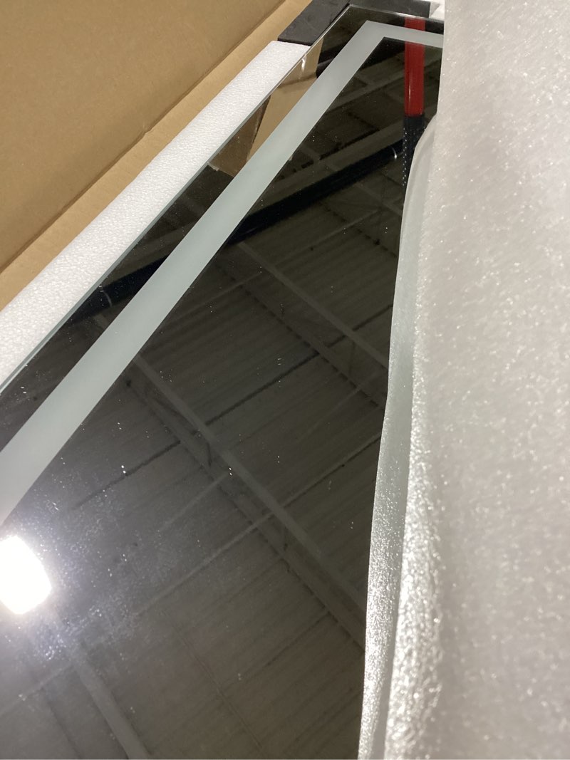 Condition photo showing As Is for 28x36 Framed LED Lighted Bathroom Mirror, Black Dimmable Vanity Mirror with Lights, Backlit and Front Lighted Mirror for Wall, Anti-Fog, Shatter-Proof, Memory (Horizontal/Vertical) 28x36 Led Bathroom Mirror With Black Frame