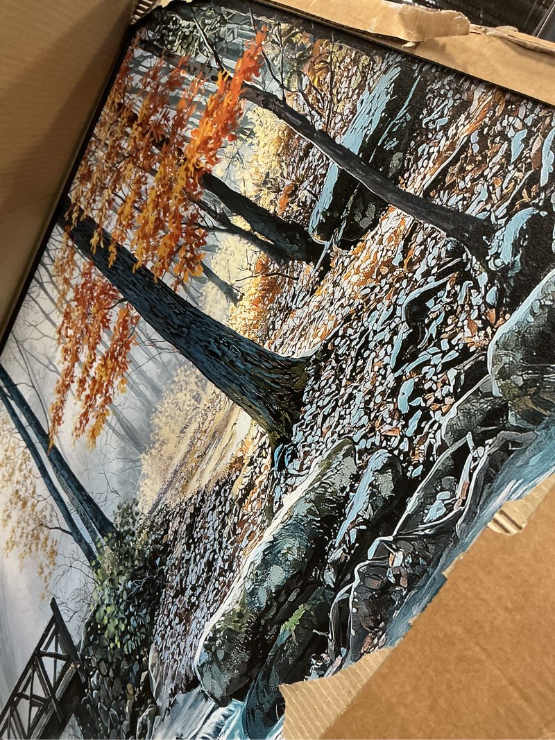 Condition photo showing Good Condition for (rectangle )autumn mountain pathway canvas wall art, orange foggy forest prints, nature landscape art home cozy decorative for living room, bedroom, office, unframed 16x20 inch