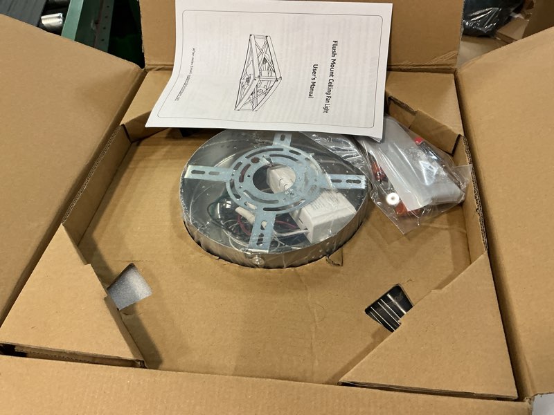 Condition photo showing New/Like New for LEDIARY Caged Low Profile Ceiling Fans with Lights and Remote, Brushed Nickel Square Flush Mount Ceiling Fan, 6 Speed and Reversible, Small Modern Farmhouse Bladeless Ceiling Fan for Bedroom, Kitchen Brushed Nickel 16 Inch