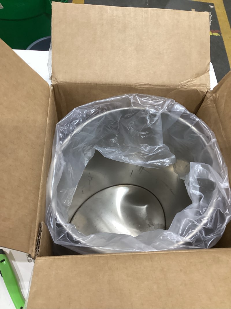 Condition photo showing As Is for Mbillion Small Trash Can with Swing Lid 2.4 Gallons/9 Liter, Mini Trash Can with lid, Stainless Steel Cylindrical Garbage Can for Home and Office, for Ground and Desktop(Brushed Silver) Brushed Silver 9L 9 Liter