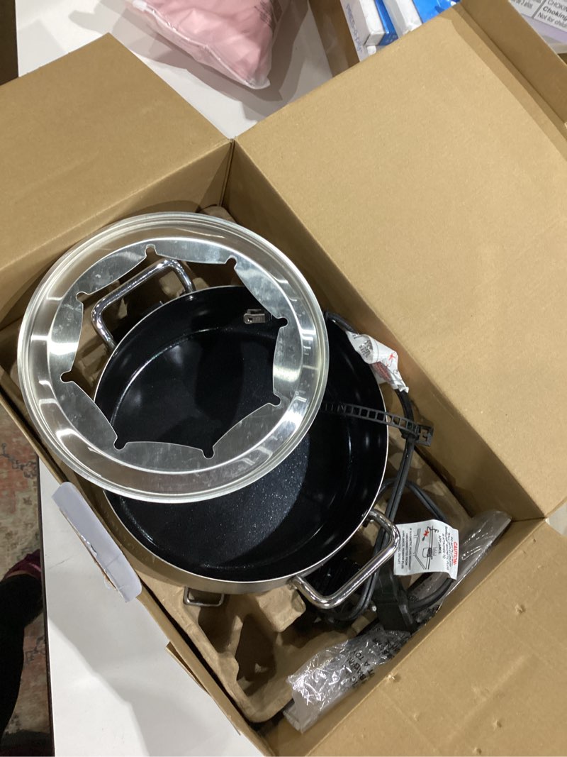 Condition photo showing Good Condition for cuisinart fondue pot set, 3-quart stainless steel electric fondue pot for chocolate, cheese, broth, and oil, includes 8 forks, temperature control, nonstick interior, dishwasher safe, cfo-3ssnas
