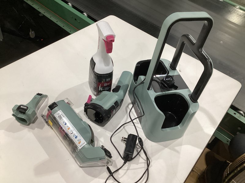 Condition photo showing As Is for (USED,  NOT TESTED) Shark StainForce Cordless Portable Spot, Stain, & Odor Remover System for Carpets, Area Rugs, Upholstery, Stairs, with Storage Caddy, Accessories, and Full-Size Cleaning Solution, HX101 (New) StainForce Cordless Stain System