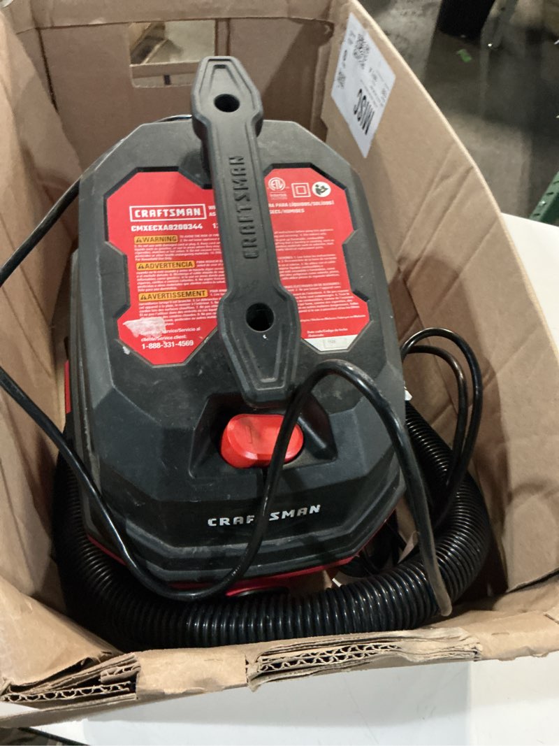 Condition photo showing As Is for craftsman 3-gallon 3 hp corded wet/dry shop vacuum with accessories included