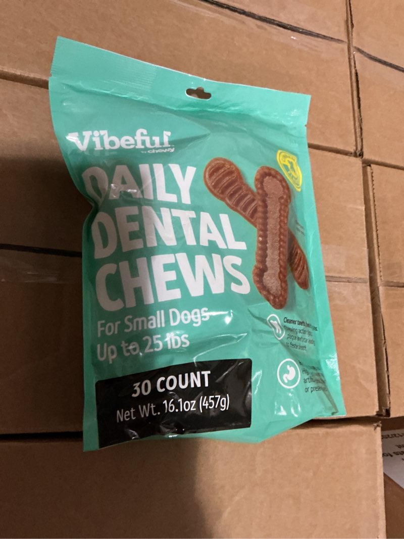 Condition photo showing New/Like New for (BBD 03/12/26). Treats Vibeful Small Daily Dental Chews for Dogs, Up to 25 lbs Cinnamon Flavor, 30 count