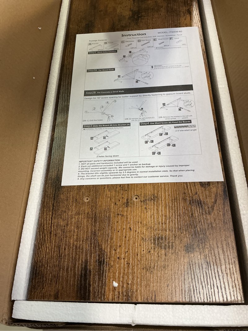 Condition photo showing Good Condition for QEEIG Floating Shelves for Wall 23.6" Long - Wall Mounted Shelf Bathroom Kitchen Living Room Bedroom Farmhouse Home Decor Display Bookshelf Large 23.6 x 9.3 inch Set of 2, Rustic Brown (008-60BN) 23.6" A. Brown