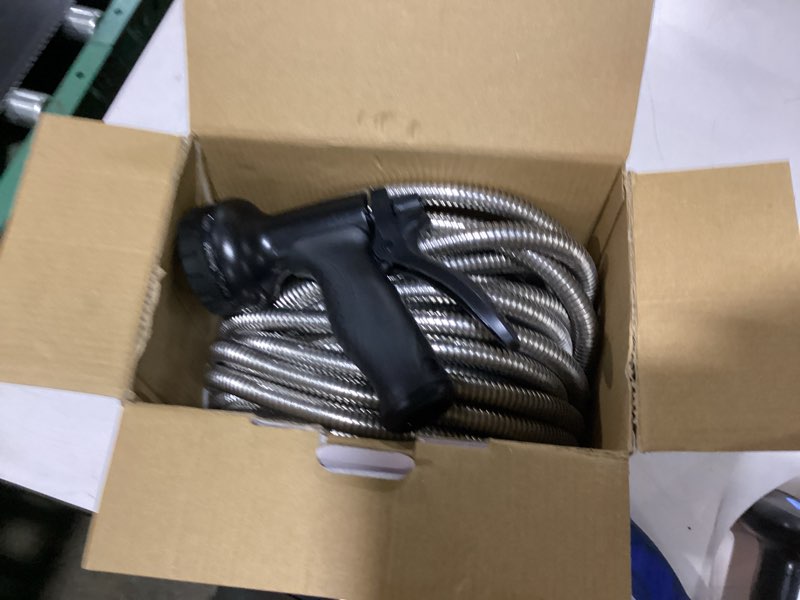 Condition photo showing New/Like New for 100ft garden hose, heavy duty metal water hose 100 ft with 10 function nozzle, flexible no-kink, pet-proof & puncture-proof stainless steel outdoor hose for yard