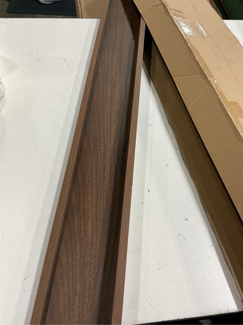 Condition photo showing As Is for (only 1)flyjoe picture ledge shelf, floating shelves set of 2, 56 inches long large nursery book shelves for toys storage, kids bookshelf wall mounted for living room bedroom decor books photo frames, walnut 56'', set of 2 walnut