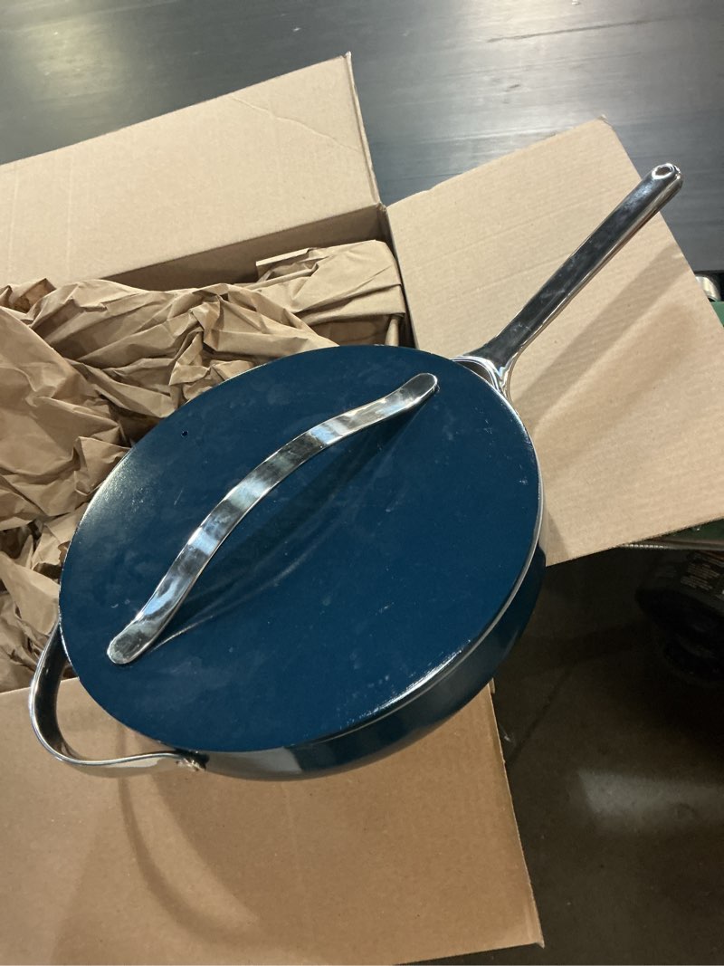 Condition photo showing Good Condition for caraway nonstick ceramic sauté pan with lid (4.5 qt, 11.8") - non toxic, ptfe & pfoa free - oven safe & compatible with all stovetops (gas, electric & induction) - navy