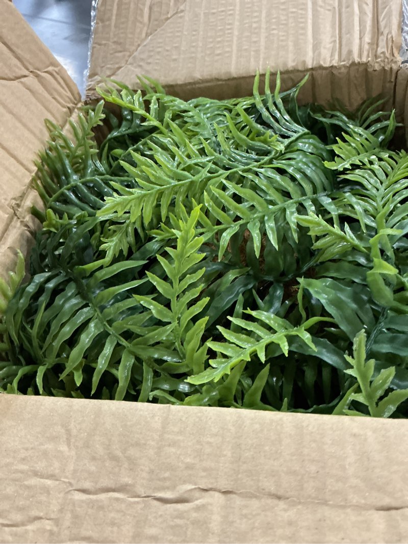 Condition photo showing Good Condition for 2 set fake ferns with hanging baskets, realistic fake hanging plants, uv resistant artificial ferns outdoor faux plants for front porch patio garden home décor, no assembly required