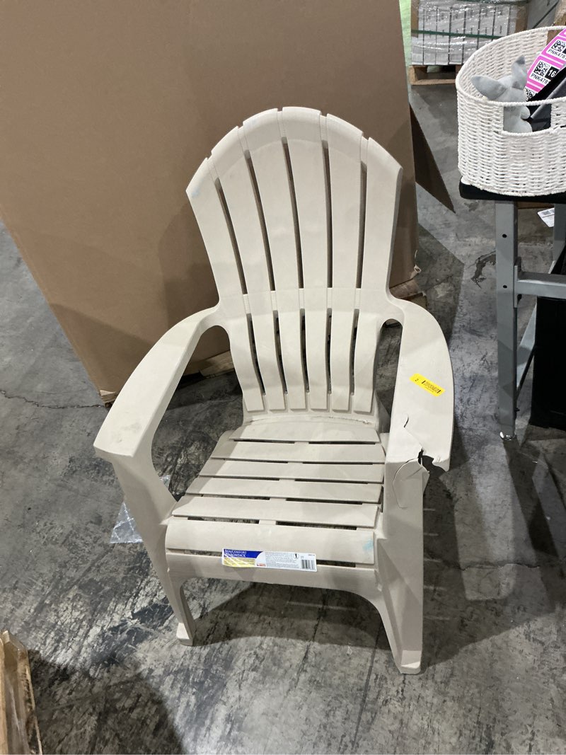 Condition photo showing As Is for adams patio stackable taupe plastic frame stationary adirondack chair with slat seat