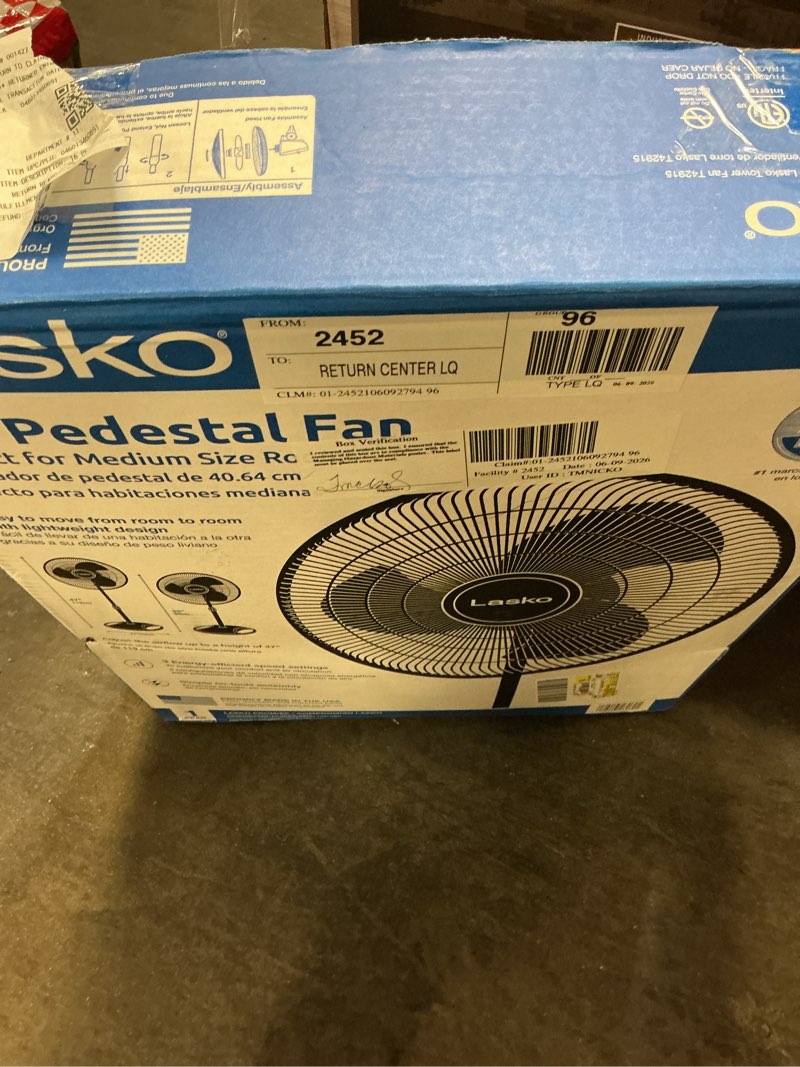 Condition photo showing As Is for lasko 20" classic box fan with weather-resistant motor, 3 speeds, 22.5" h, white, b20200, new