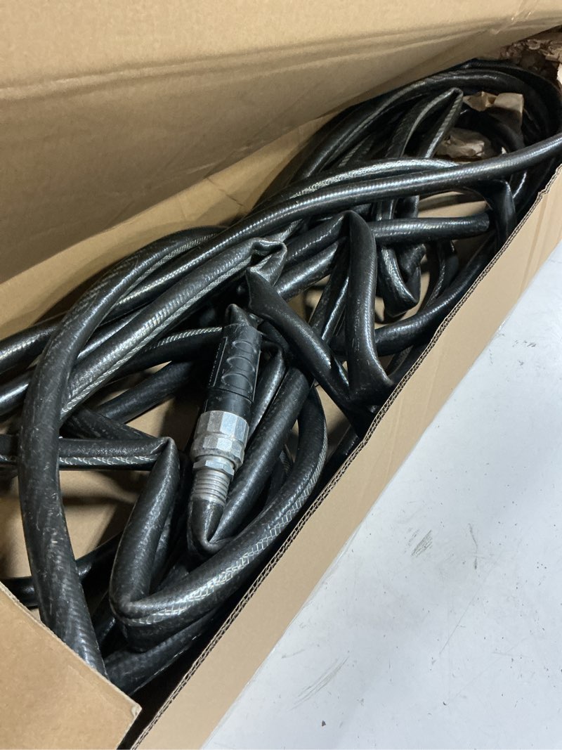 Condition photo showing As Is for specilite 3/4" garden hose 50 ft with high flow nozzle, heavy duty flexible hybrid rubber water hose for outdoor, lightweight, leak-proof, no-kink, 3/4"brass fittings,black black 3/4in x 50ft