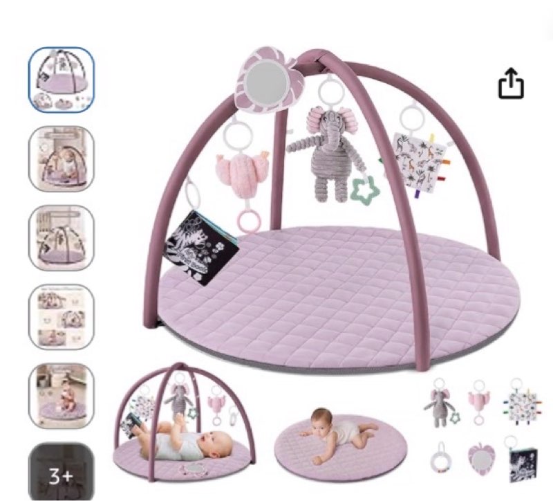 blissful diary baby play gym mat, tummy time activity mat with 6 detachable toys for stage-based sensory & motor skill development, easy to install & clean, baby essentials gift, lavender pink