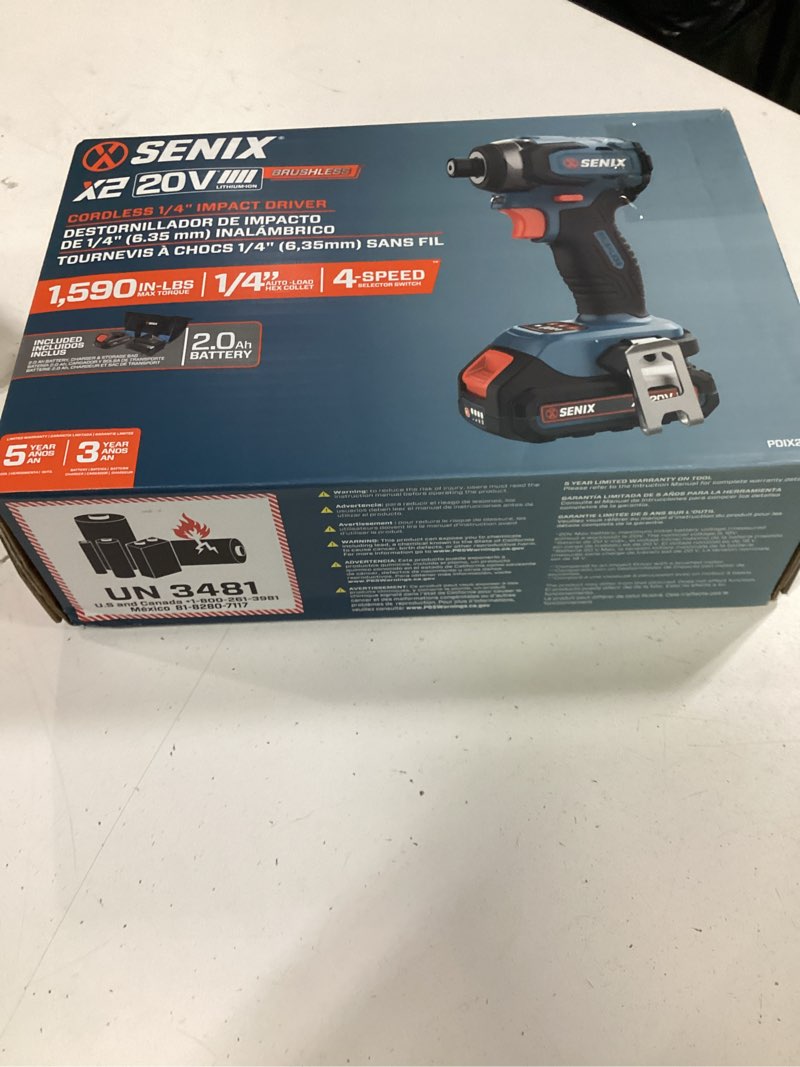 Condition photo showing New/Like New for senix x2 20-volt 1/4-in brushless cordless impact driver (1-battery included, charger included and soft bag included)