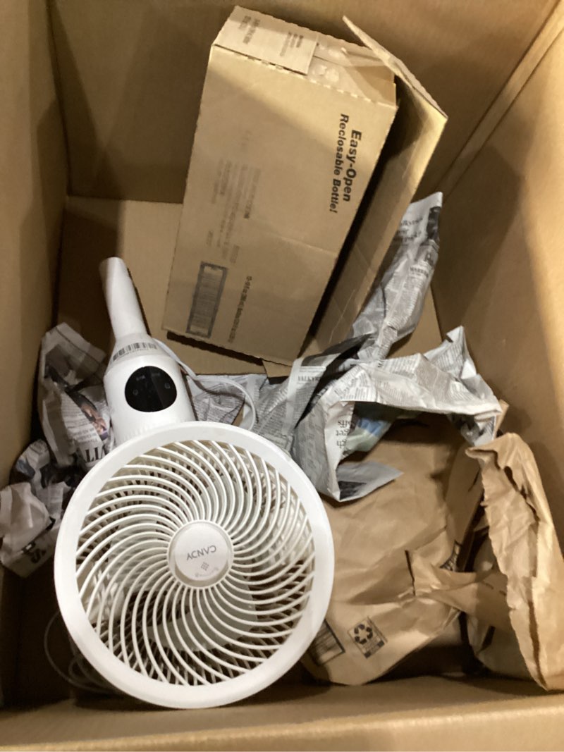 Condition photo showing As Is for *not tested/missing base *candy standing fan for bedroom, 3 heights adjustable pedestal fan with remote, 90° oscillating floor fan, 8 speeds & 3 modes, 25db quiet room fan, 12h timer, for dorm, home, office standard