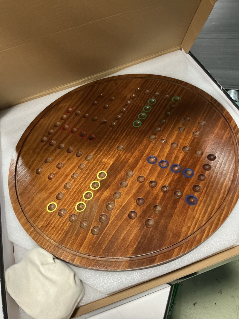 Condition photo showing Good Condition for circular large marble board game with double-sided painted wooden fast track board game with 24 marbles 6 dice4-player game 6-player game universal original natural marble (burnt color)