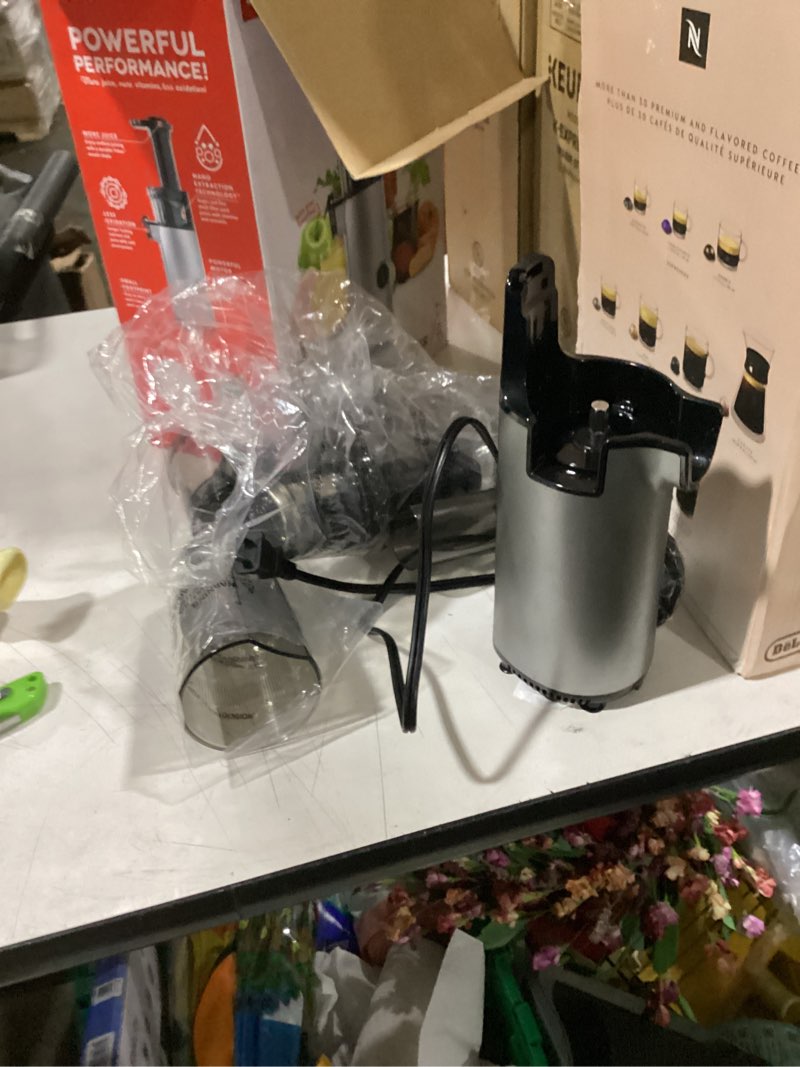 Condition photo showing Good Condition for dash deluxe compact masticating slow juicer, easy to clean cold press juicer with brush, pulp measuring cup, frozen attachment and juice recipe guide - graphite compact graphite