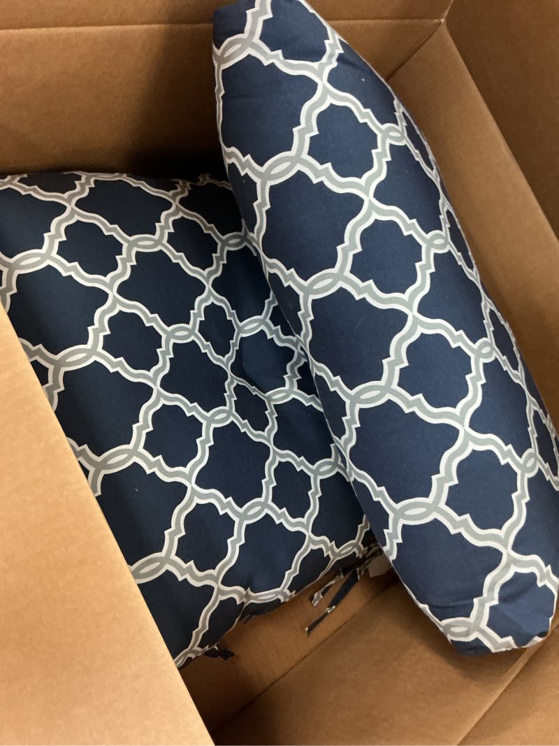 Condition photo showing As Is for arden earthfiber plush modern tufted polyfill dining chair cushion, 21 x 40, water repellent, fade resistant sapphire blue garden trellis modern sapphire blue garden trellis