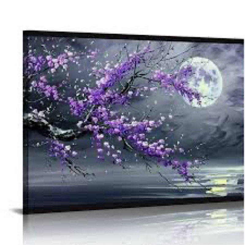 Extra Large Purple Plum Blossom Wall Art Flower Painting on Canvas Black and White Seascape Artwork 