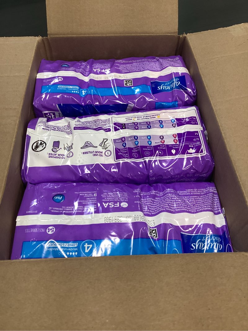 Condition photo showing New/Like New for always discreet adult incontinence pads for women, moderate absorbency, long length, postpartum pads, 162 count (3 packs of 54) long 162