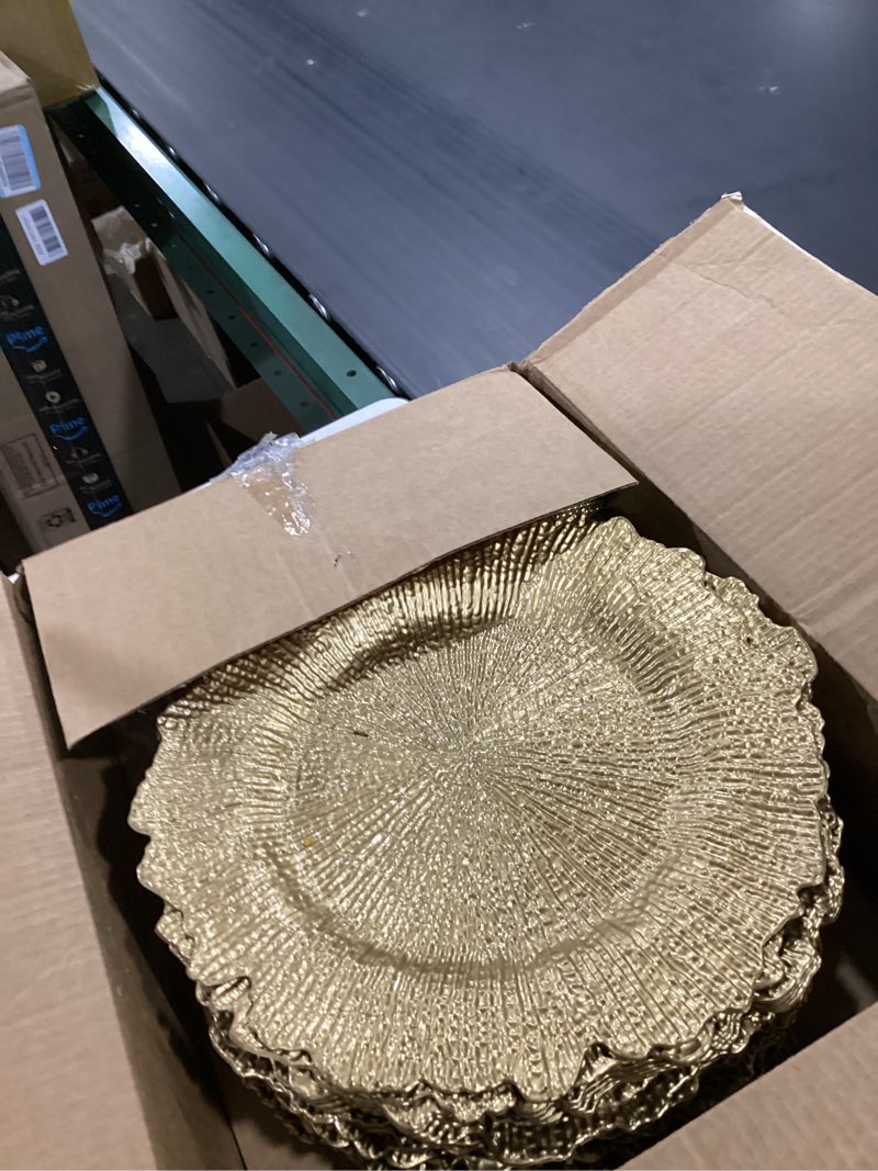 Condition photo showing Good Condition for 20pcs bright gold charger plates bulk- 13in round plastic chargers for dinner plates- floral reef table plate chargers for wedding, halloween, thanksgiving, christmas, party, display 20 gold