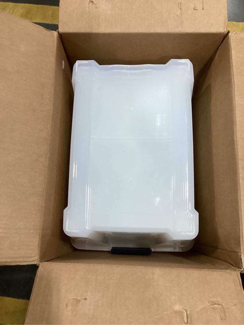 Condition photo showing Good Condition for IRIS USA 54 Qt Stackable Plastic Storage Bins with Lids, 6 Pack - BPA-Free, Made in USA - See-Through Organizing Solution, Latches, Durable Nestable Containers, Secure Pull Handle - Clear Clear 54 Qt 6 Pack