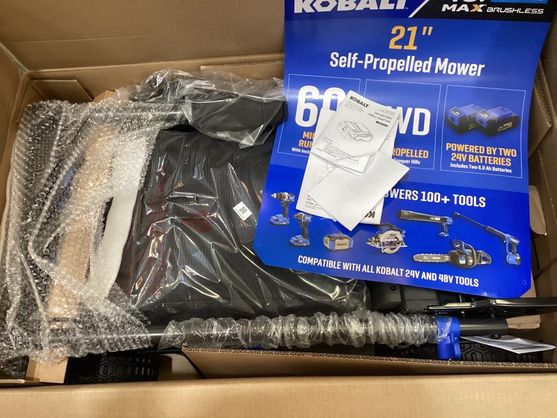 Condition photo showing As Is for kobalt 48v max self-propelled mower extended runtime
