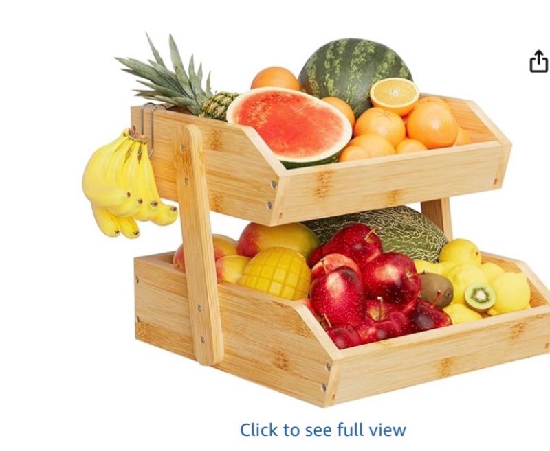 Bamboo 2 Tier Fruit Basket for Kitchen Counter, Large Capacity Fruit Storage Countertop, Fruit Holder, Wood Pantry Organizers and Storage, Kitchen Countertop Organizer With Two Banana Hangers (Bamboo)
