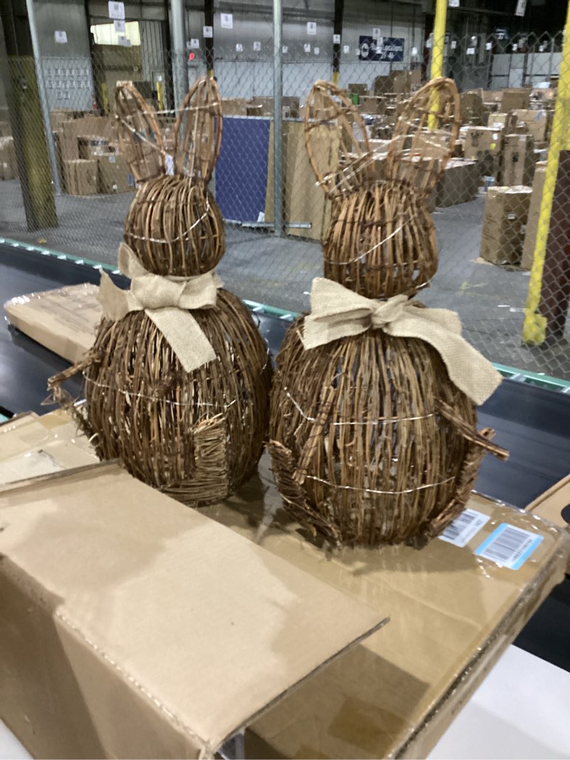 Condition photo showing New/Like New for 20 inch set of 2 easter rattan bunny decor outdoor with led lights, large bunny with bow wicker statue easter porch decoration for home indoor porch farmhouse spring decor 20 inch easter rabbit