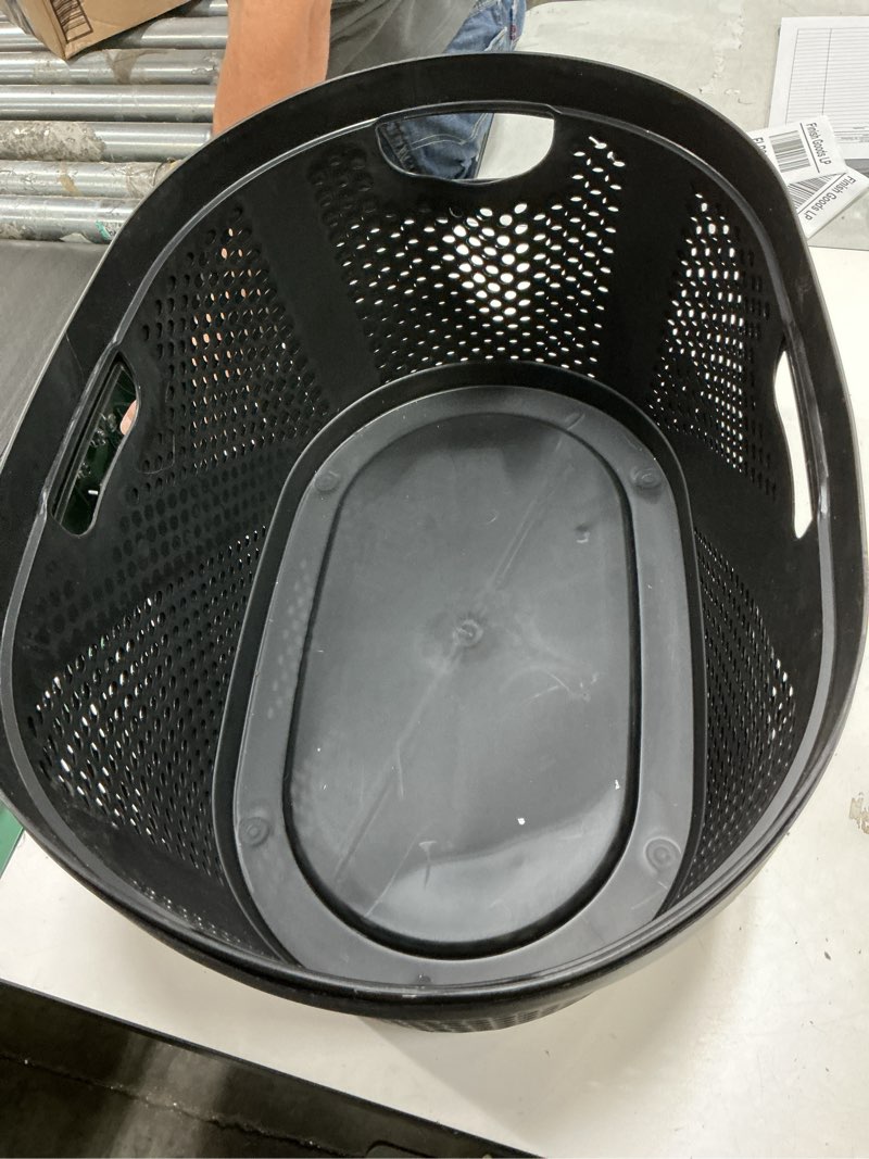 Condition photo showing As Is for mind reader 40l ventilated laundry baskets, lightweight clothes hamper with cutout handles for bathrooms and closets, plastic, set of 2, black black set of 2
