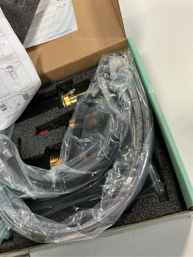 Condition photo showing Good Condition for forious black bathroom faucet 3 hole, matte black bathroom sink faucet 8 inch widespread, 2 handle for restroom sink with pop up drain, cupc supply hose and spare water saving aerator, vanity 3 holes modern matte black