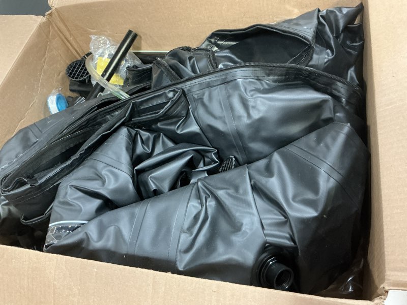 Condition photo showing As Is for famirosa 50 gallon / 200l rain barrel, collapsible rain barrels to collect rainwater from gutter with spigots and overflow, 500d pvc portable rain water collection catching system, water catcher tank black 50 gallon