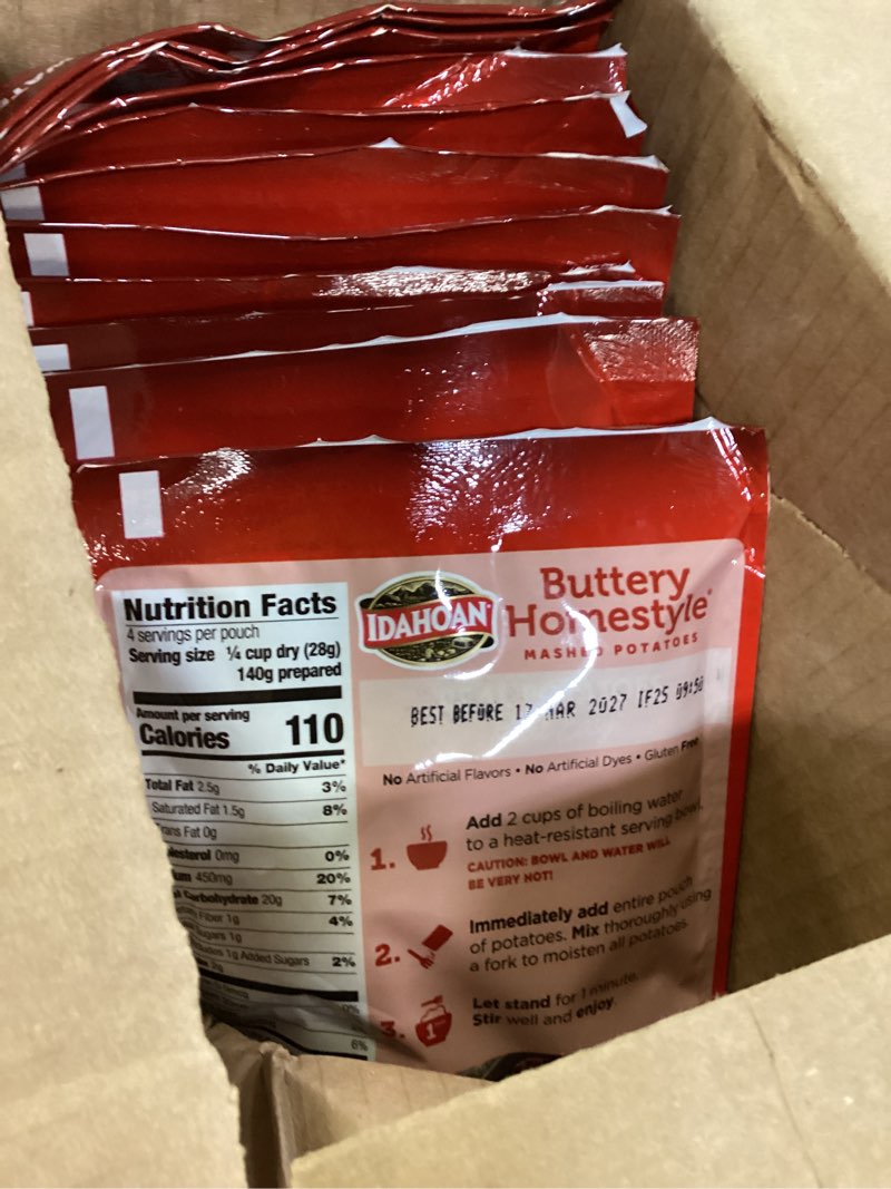 Condition photo showing New/Like New for idahoan buttery homestyle mashed potatoes, naturally gluten-free, 100% real idaho potatoes, 4 servings per bag, 4 ounce (pack of 12)