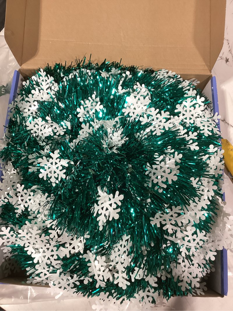 Condition photo showing Good Condition for 6 FT Pop Up Christmas Tree with 100 LED Timer Lights & Remote, Green Collapsible Christmas Tinsel Tree Artificial Pencil Tree Xmas Decoration for Holiday Home Office Party, USB Powered Peacock Green - Snowflakes 6ft