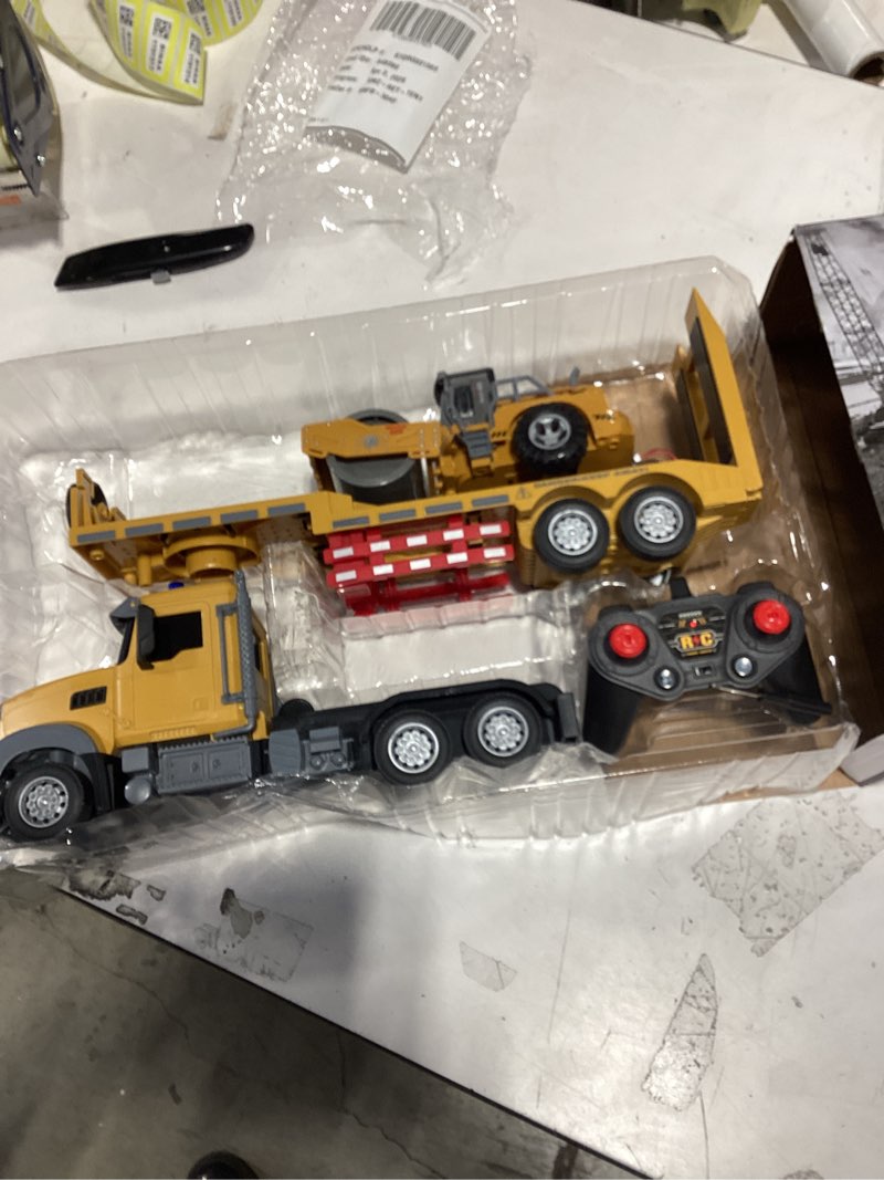 Condition photo showing Good Condition for fistone rc semi truck with trailer, 1:24 rc semi-trailer engineering tractor with sound and lights, 2.4ghz remote control flatbed truck with road roller toys, construction vehicles toy for boys truck & road roller toy