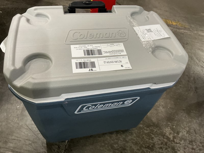 Condition photo showing As Is for coleman 316 series 60qt hard chest wheeled cooler, lakeside blue