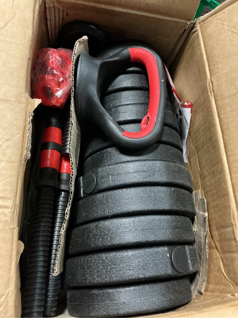 Condition photo showing As Is for adjustable dumbbell set, 20/33/45/70/90lbs free weight set with connector, 4 in1 dumbbells set used as barbell, kettlebells, push up stand, weight set for home gym suitable men/women 45lb (22.5lb pair)